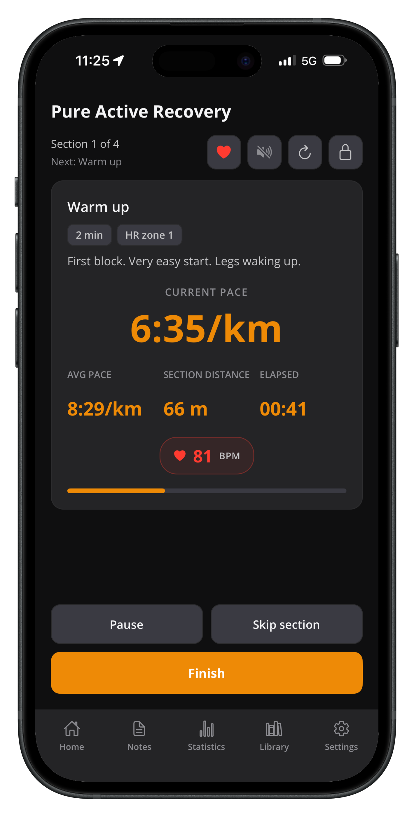 Cardio tracker: pace, HR zone and section time