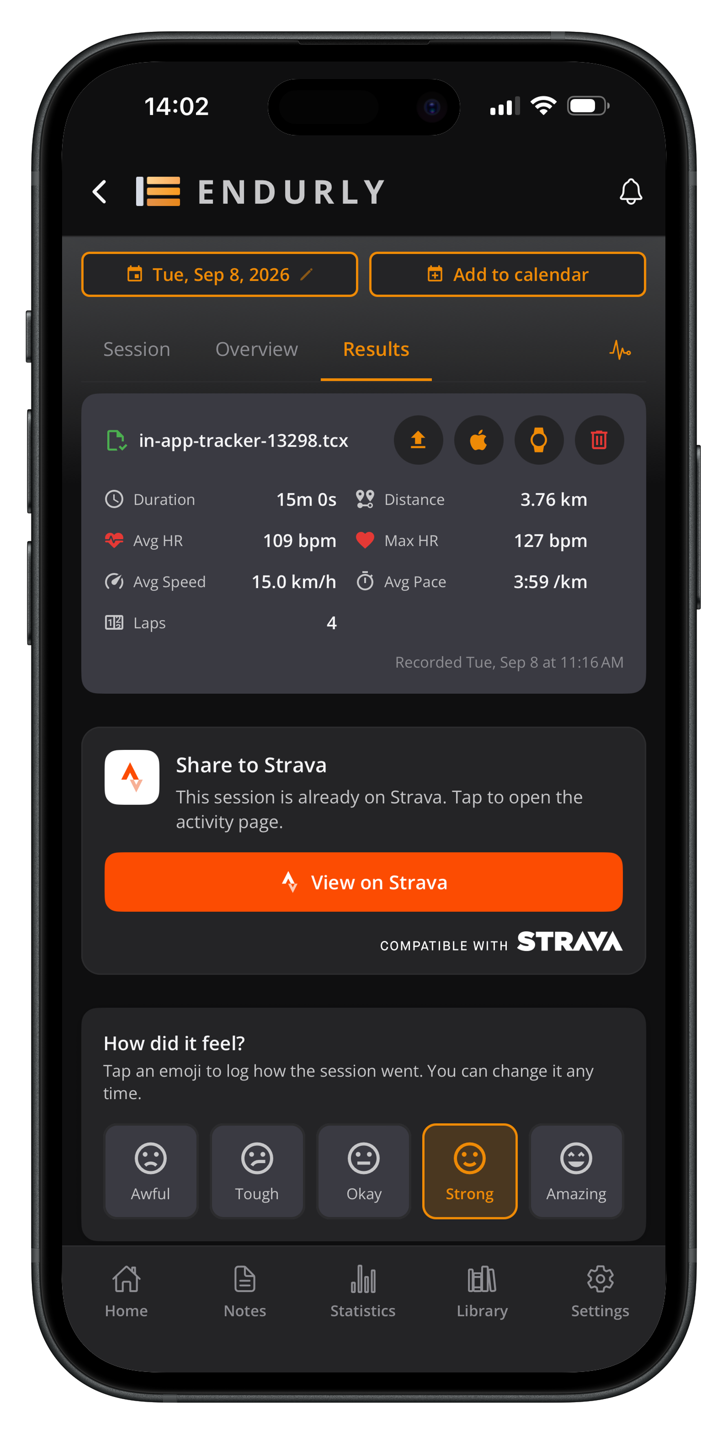 Session results: distance, avg / max HR, one-tap Strava export